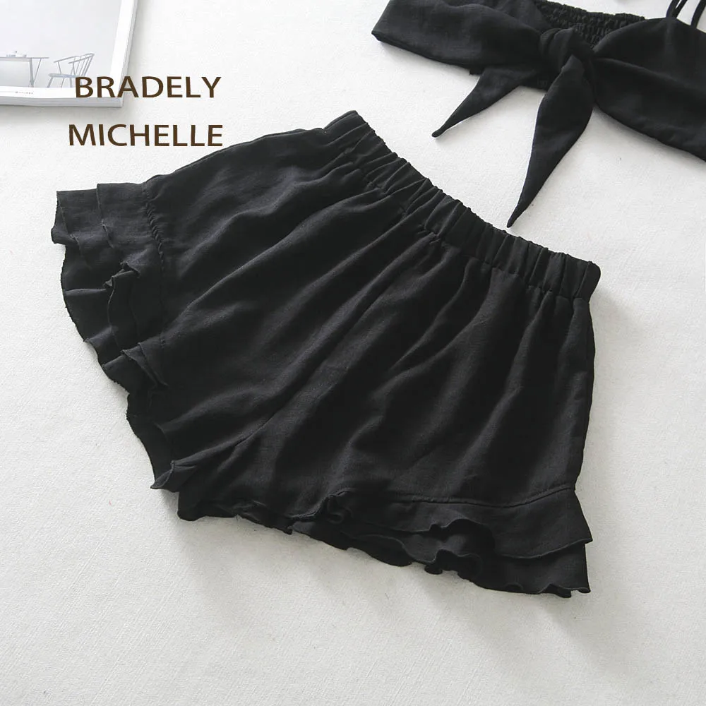 BRADELY MICHELLE, Модный женский комплект из двух предметов, топ и штаны, летняя одежда, укороченный Топ без бретелек и повседневные шорты с оборками
