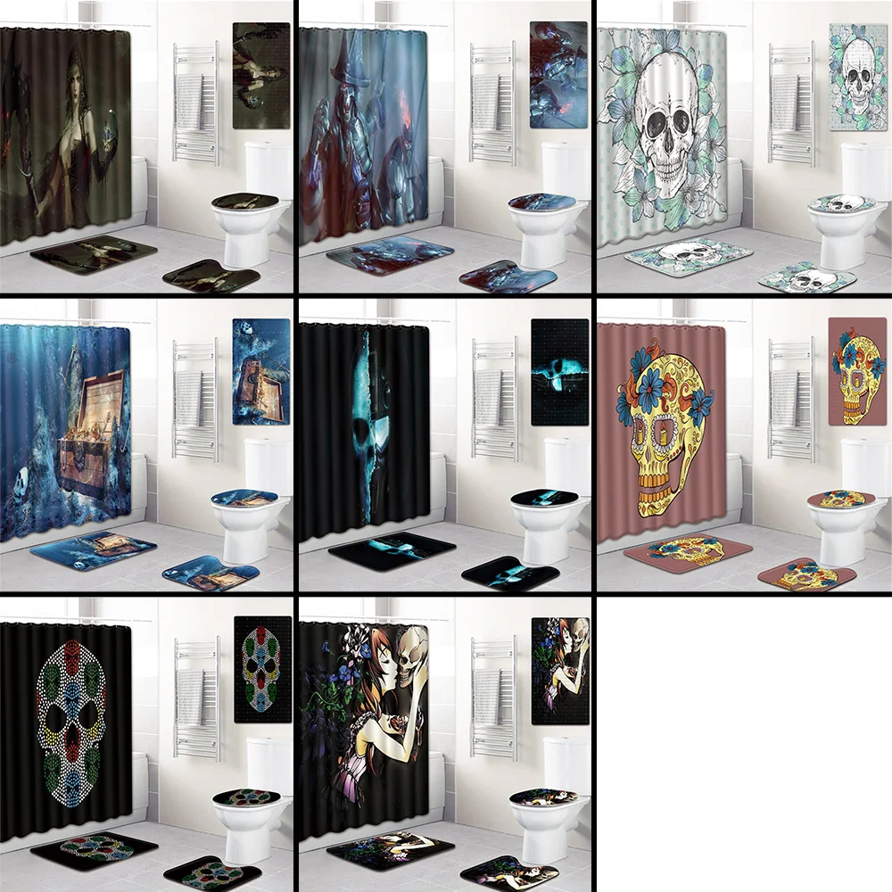 5Pcs/Set 3D Skull Shower Curtain Bath Rug Set Toilet Cover Bath Mat Set Bathroom Accessories Curtains With Hooks