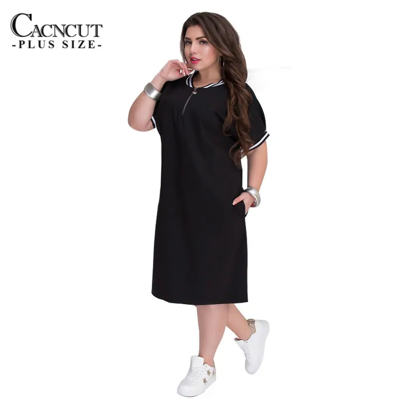 Прямые женские платья CACNCUT 5XL 6XL 2020 размера плюс с молнией и круглым вырезом летнее