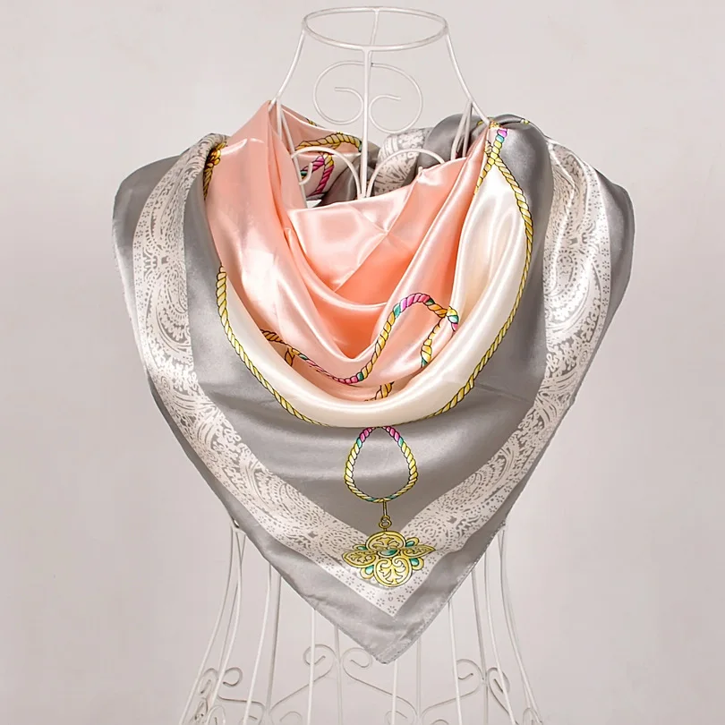 grey pink 565 Дизайн женский Шелковый большой квадратный шелковый шарф из полиэстера, 90*90 см горячая Распродажа атласный шарф с принтом для весны, лета, осени, зимы - Цвет: grey pink 565