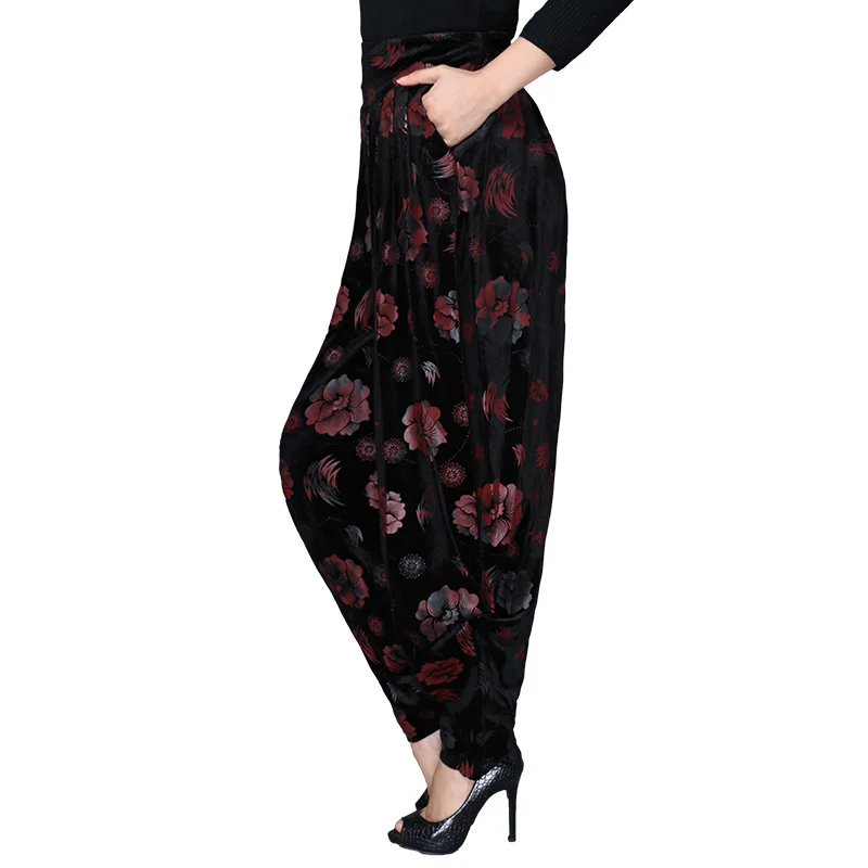 

spring and autumn big size was thin wild pants Velvet printed harem pants female elastic waist wide leg pants wild long trousers