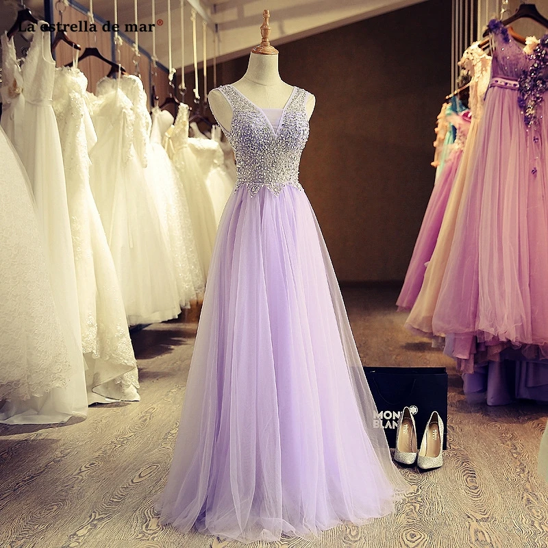 Vestidos de damas de honor boda, новинка, тюль, кристалл, сексуальный v-образный вырез, ТРАПЕЦИЕВИДНОЕ лиловое платье подружки невесты, длинное свадебное платье, настоящая фотография