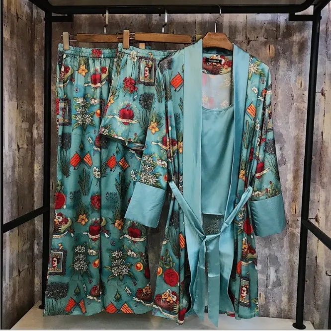 Модная весенняя и осенняя женская пижама из 4 частей, комплект с брюками, шелковая атласная пижама с длинным рукавом и принтом, женская ночная одежда, банный Халат - Цвет: Зеленый
