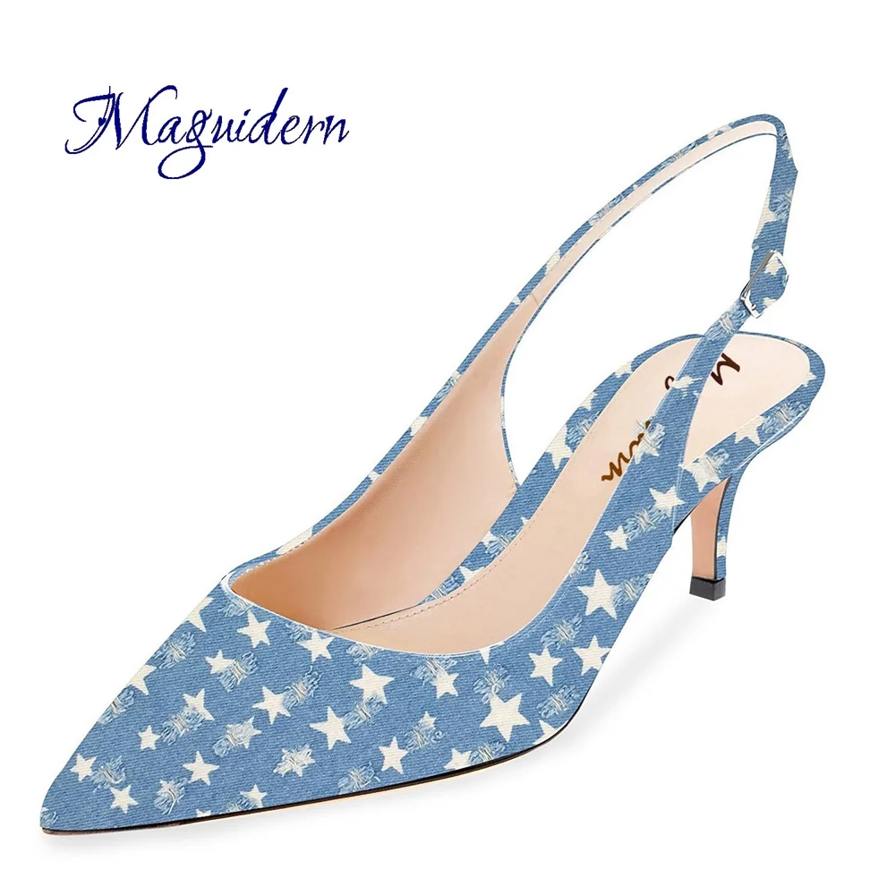 Star denim Maguidern Туфли на каблуке-рюмочке хлопкового денима и Лакированная кожа острый носок Slingback лодыжки из металла Туфли с ремешком и пряжкой сандалей на низком каблуке - Цвет: Star denim