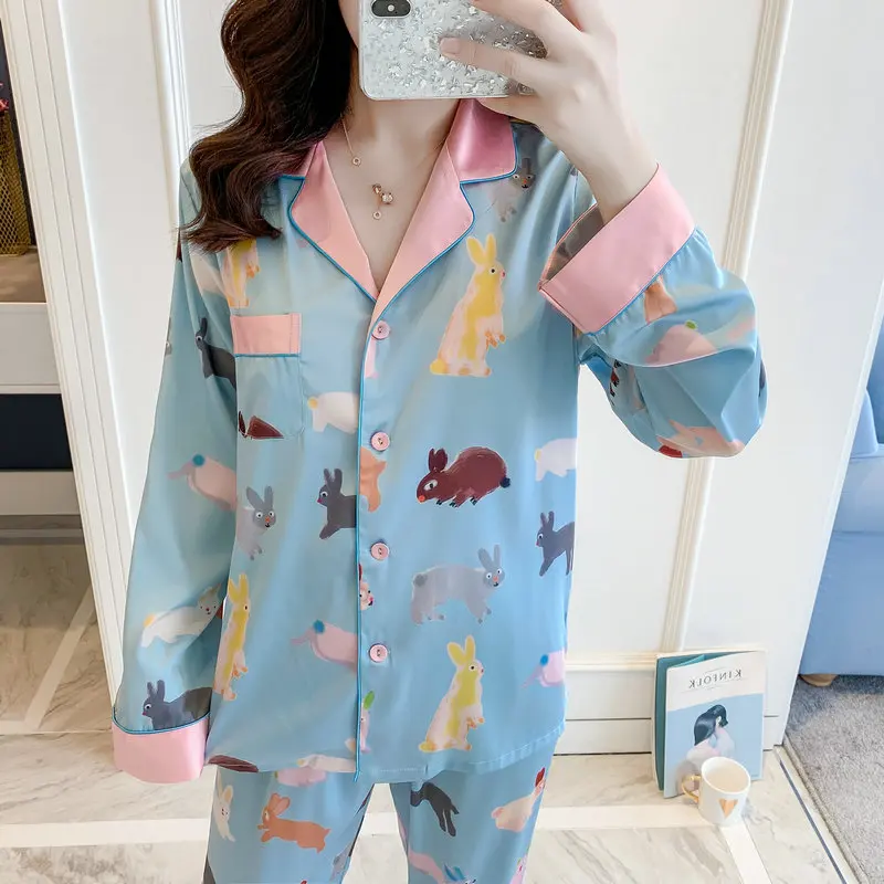 Весенне-осенний женский пижамный комплект с принтом кролика Пижамный костюм из