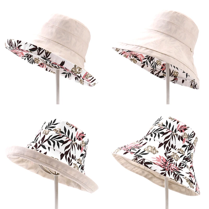 Double Sided Flower Bucket Hat Women Korean Folding Sunhat Large Wide Brim Summer Hats Lady Panama Cap Beach | Аксессуары для