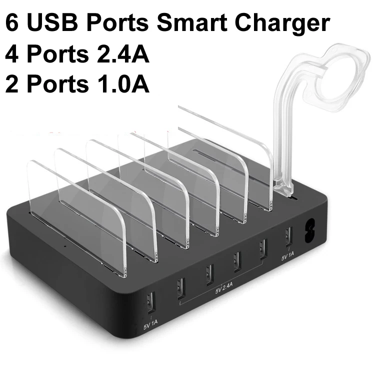 

6 Port USB 2.4A 1A Desktop Multi-Function Charging Station Dock Intelligent Smart charger with Watch Bracket