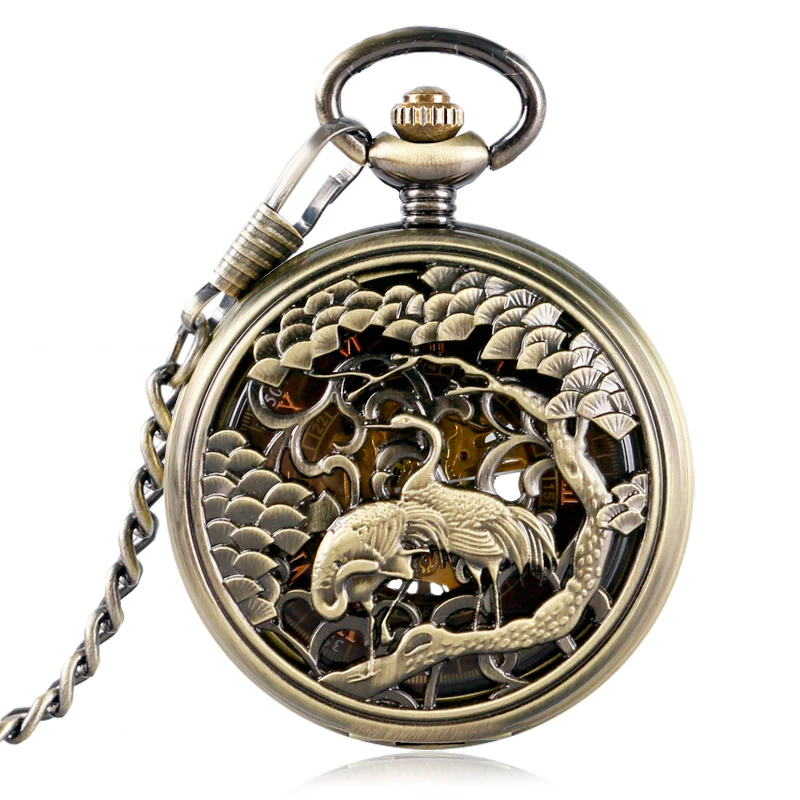 

Retro Elegant Carving Double-Crane Pocket Watch Women Men Unisex Skeleton Mechanical Hand-winding Pendant Necklace P2002C