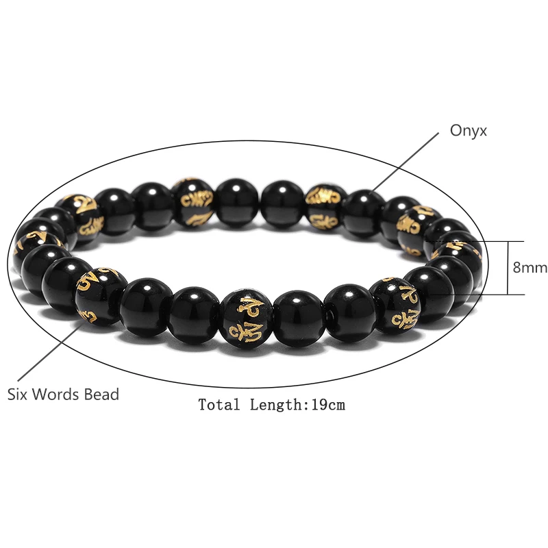 Классический мужской браслет с бусинами из обсидиана 8 мм Будды шести символов