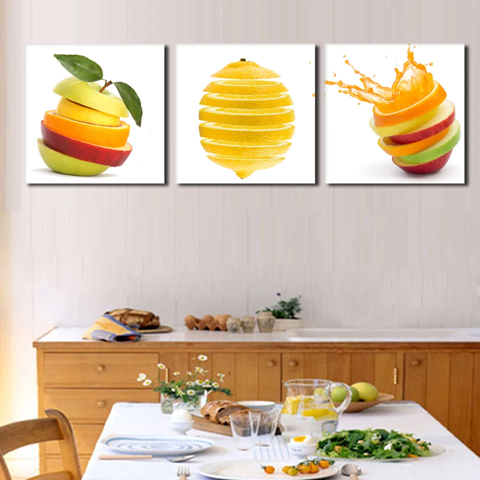 

3 pieces kitchen wall pictures fruit painting print on canvas green apple and oranges cuts modern dining room decoration picture