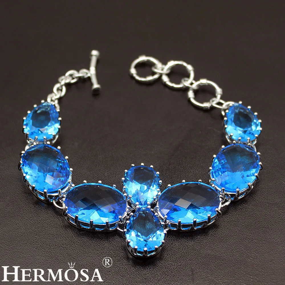 

Stunning Hermosa Women 925 STERLING SILVER Color Ocean Bluetopaz Chain Links Natural Stone Bracelet 7.75 Inch