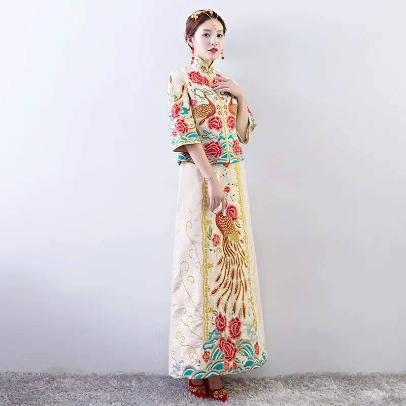 Винтаж китайский стиль Свадебные cheongsam торжественное платье Королевский Павлин Костюм невесты Традиционный Тан вышивка Qipao