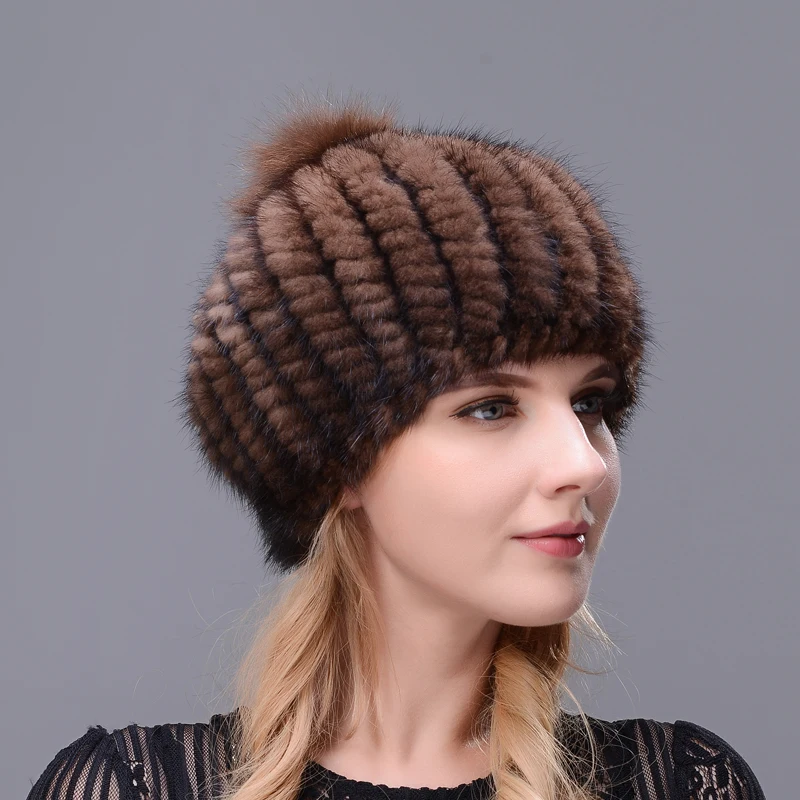 2017 Hot Selling Women's Winter Cap Ear Warm Berets Real Natural Mink Fur Hand-knitted Hat With Big Fox Pompom On The Top Beret