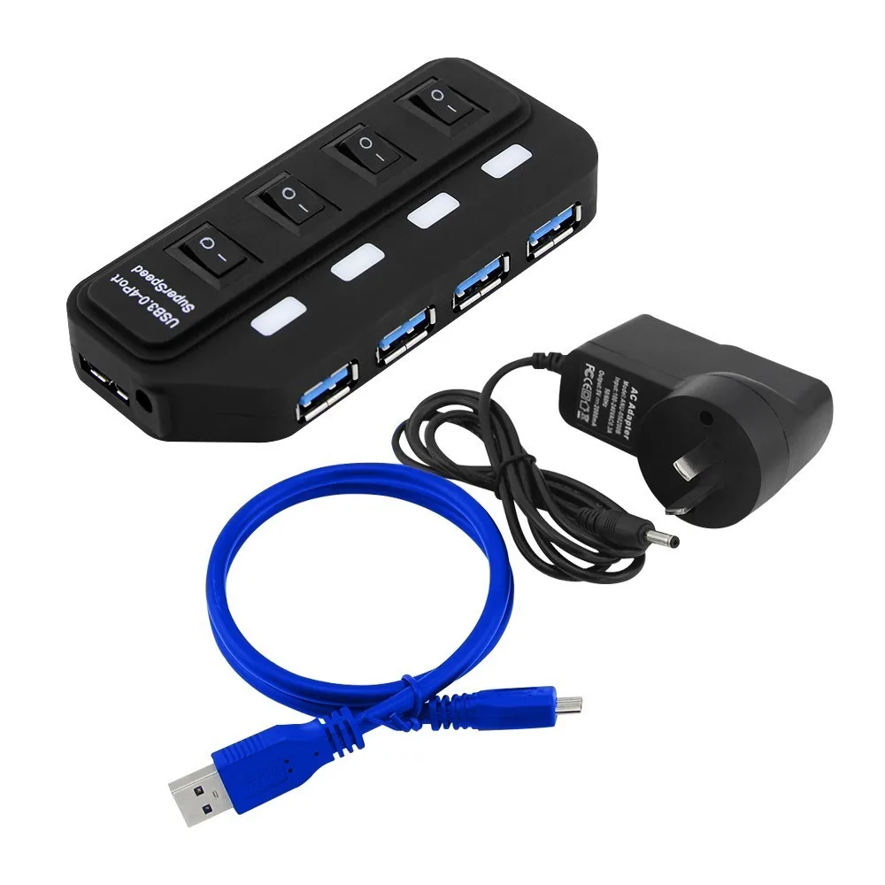 4 Порты и разъёмы usb-хаб супер Скорость USB 3,0 концентратор светодиодный индивидуальные вкл/выкл кнопка USB Дата-кабель EU/US/UK/штепсельная вилка австралийского стандарта Мощность адаптер для ноутбука - Цвет: Black -AU Adapter
