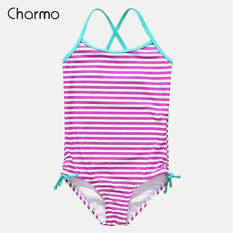 PUR Charmo/слитные купальники для девочек, купальник в полоску с принтом, детское бикини с завязками сбоку, милая пляжная одежда, Детские слитные костюмы - Цвет: PUR