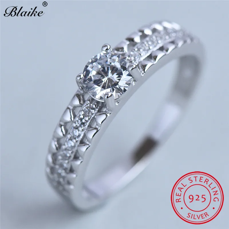 Blaike 925 Серебряные кольца для женщин круглый белый алмаз камень Обручальное