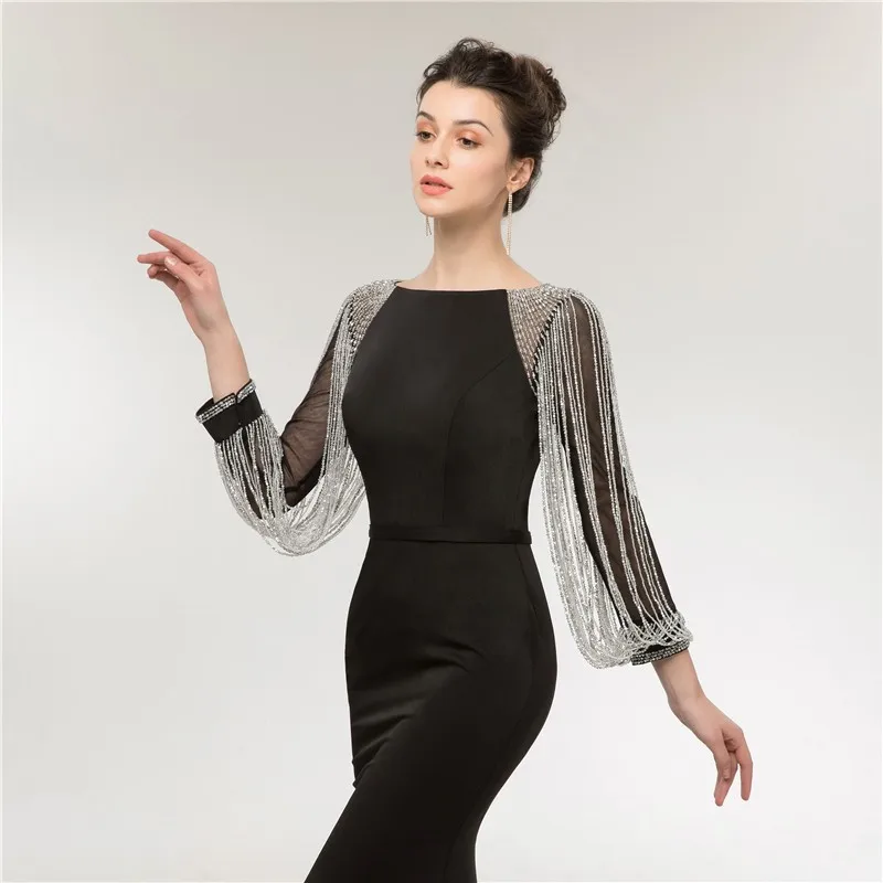 Vivian's Bridal Illusion Sleeve Beading Ribbons Women Long Evening Gown Black Floor-length Court Train Mermaid Dress | Свадьбы и