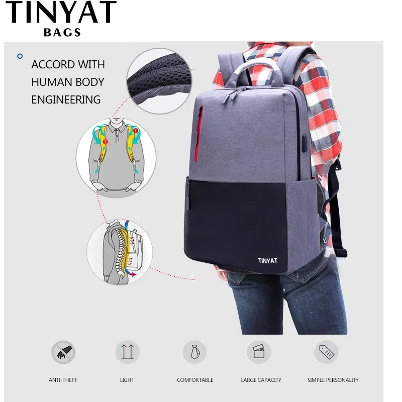 TINYAT мужской рюкзак 15,6 дюймов рюкзак для ноутбука USB зарядка Рюкзак из парусины мужской рюкзак для путешествий Mochila Школьный Рюкзак серый T811