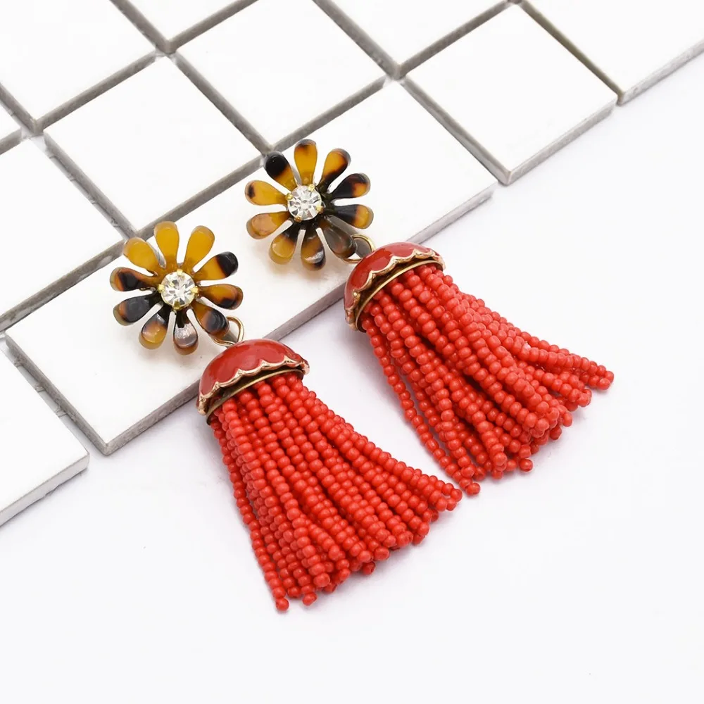 

5 Colors Bohemian Unique Acrylic Dangle Earrings Flower Stud Beaded Tassel Drop Earrings Charms Fringe Statement Earring Jewelry