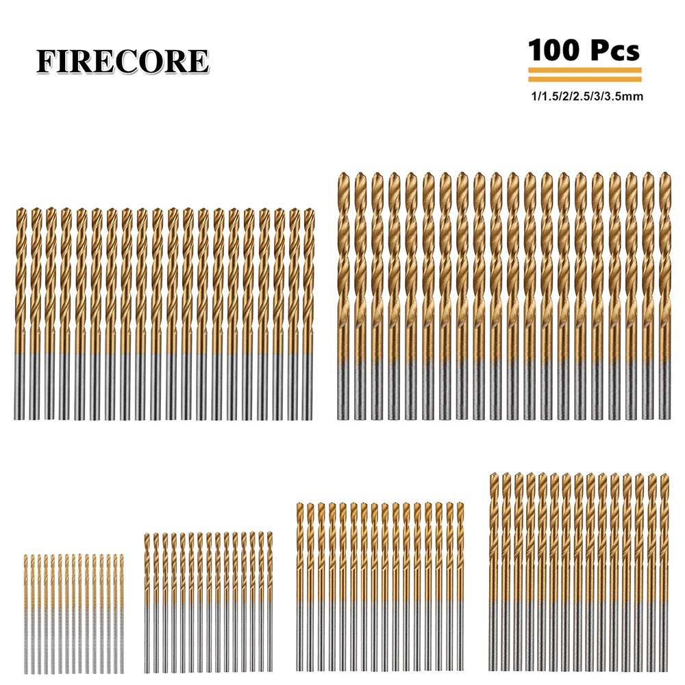 FIRECORE 100 шт. 1/1. 5/2. 0/2. 5/3/3,5 мм Титан покрытием спиральное сверло Алюминий шпильки для волос, заколки-Сталь для деревообработки