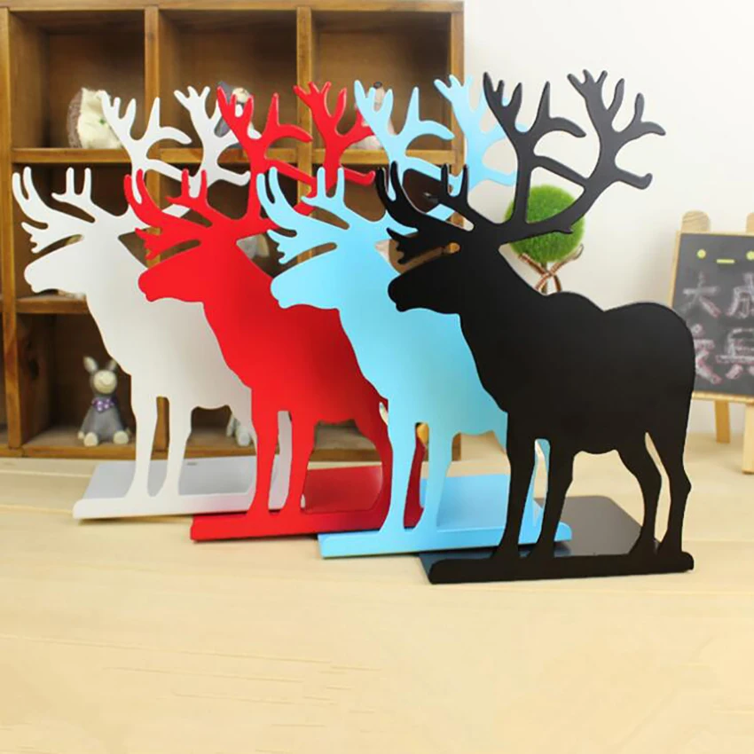 

1 Pair Cute Elk Anti-skid Bookends Metal Art Bookends Desktop Book Stand Organizer Support for Home Office Study Random Color