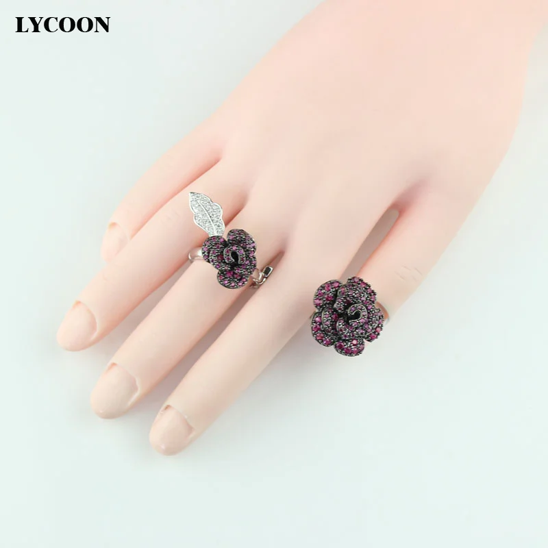 LYCOON новые элегантные розы цветы обручальные кольца зубец Установка круглая Роза Красный кубический цирконий камень Роскошные вечерние кольца для женщин