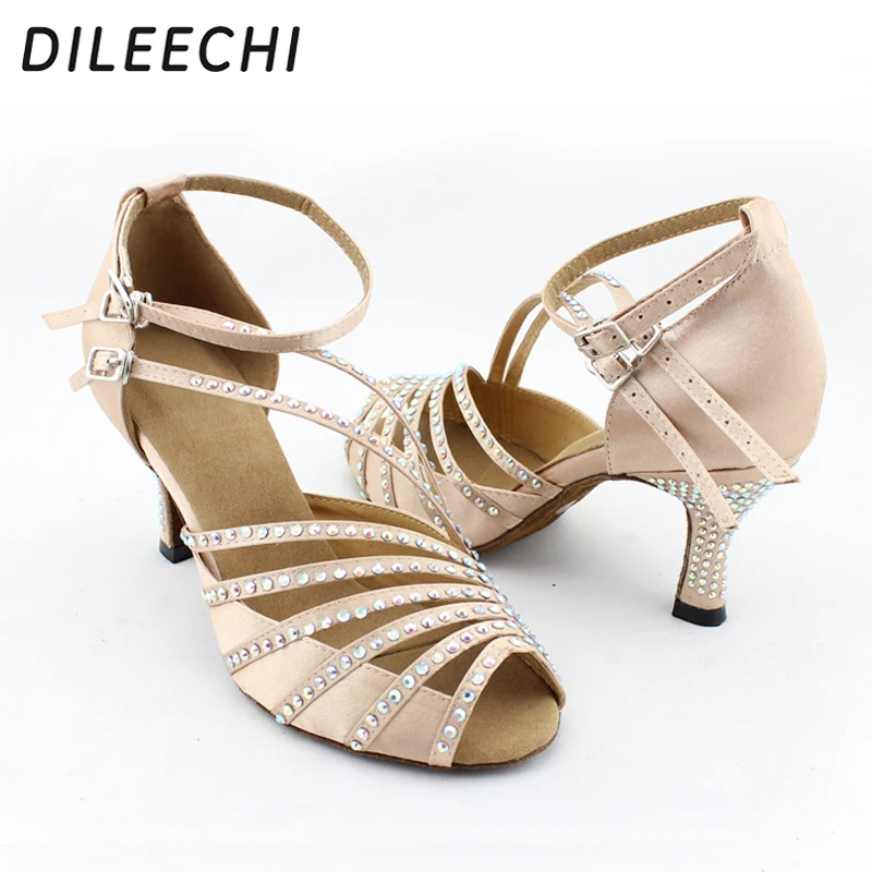 DILEECHI Skin color satin rhinestones shoes women's Latin dance soft outsole Salsa Tango Square | Спорт и развлечения