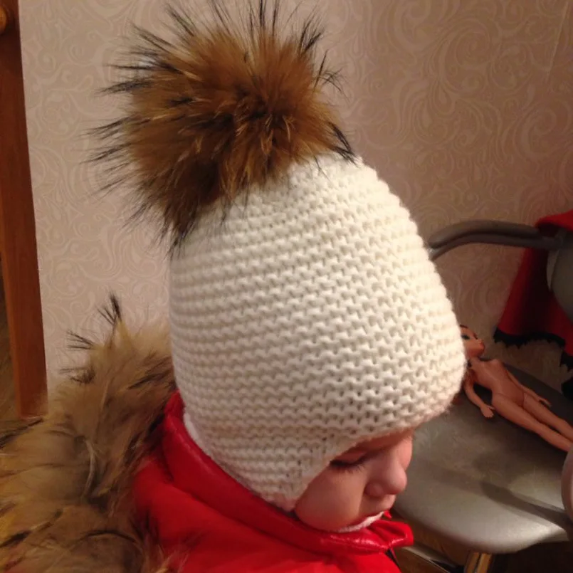 Детские шапки бомберы из акрила шапка с помпоном меха енота 15 см женские зимние