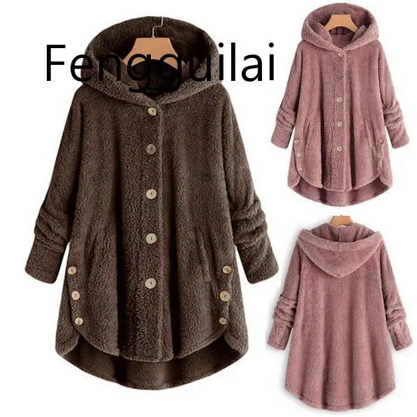 

2019 Winter Coat Women Hooded Coat Fashion Female Solid Button Coat Fluffy Tail Tops Hooded Pullover Loose Outerwear Coat