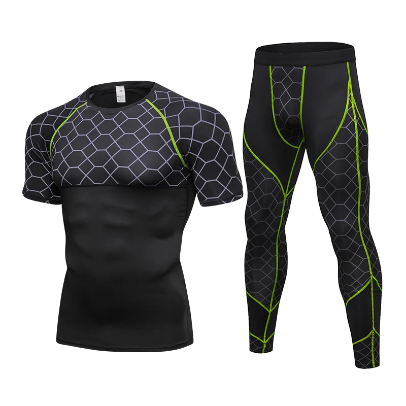 2018 New Arrival 2PCS Men Compression Running Sets Tracksuit Men's Grid Quick Dry Gym Fitness Sport Shirts And Pants Sportswear | Спорт и