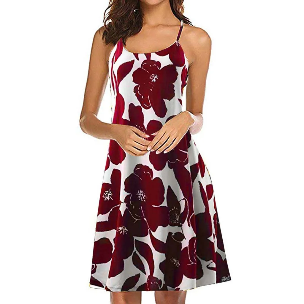 Женское пляжное платье без рукавов с винтажным принтом летнее бретельками лето