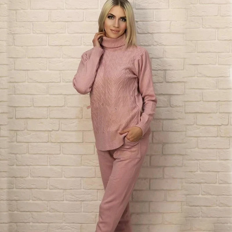 Women sweater suits Knitted tracksuit Autumn winter turtleneck pullovers+ long pants for female knitted customs sets