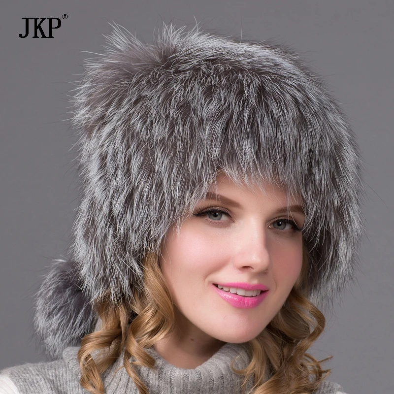 Женская шапка JKP из натурального Меха чернобурки на осень и зиму теплая женская