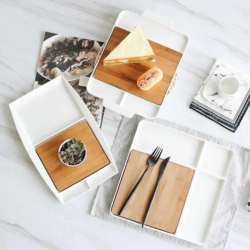 

Japan Style Ceramic Serving Trays with Bamboo Cutting Boards Creative Tableware Multi-Use Desserts/Fruits/Sushi Dish Plate