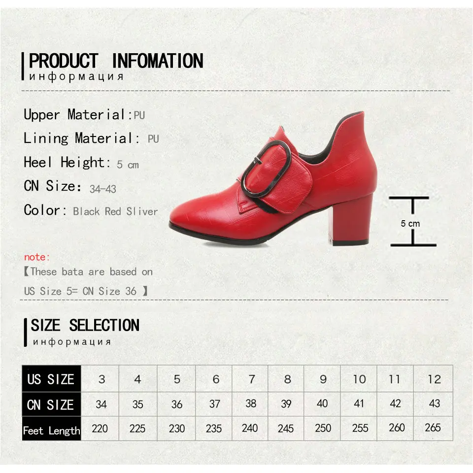 

NIKOVE 2018 Women Pumps Spring and Autumn PU Square Toe Hook&loop Western Style Square High Heels Buckle Ladies Shoes Size 34-43