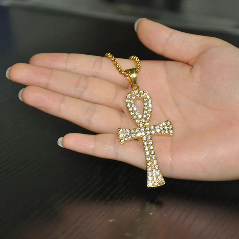 Мужское ожерелье с кристаллами Ankh позолоченное из нержавеющей стали Египетский