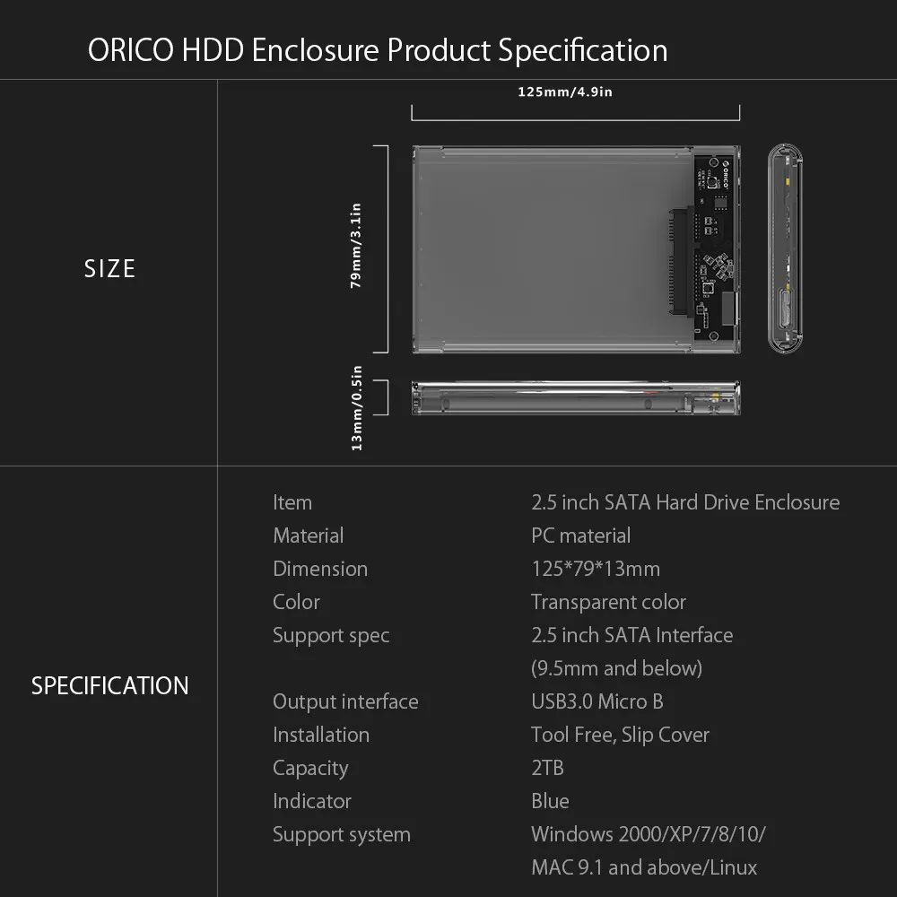 ORICO 2139U3-CR USB 3,0 внешний жесткий диск Корпус SSD чехол для 2,5 дюйма SATA HDD SSD Поддержка UASP SATA 2 ТБ жесткий диск корпус