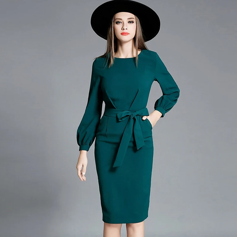 

High quality 2016 new runway autumn dress women O-neck lantern sleeve elegant brand slim dresses bow ties design vestidos