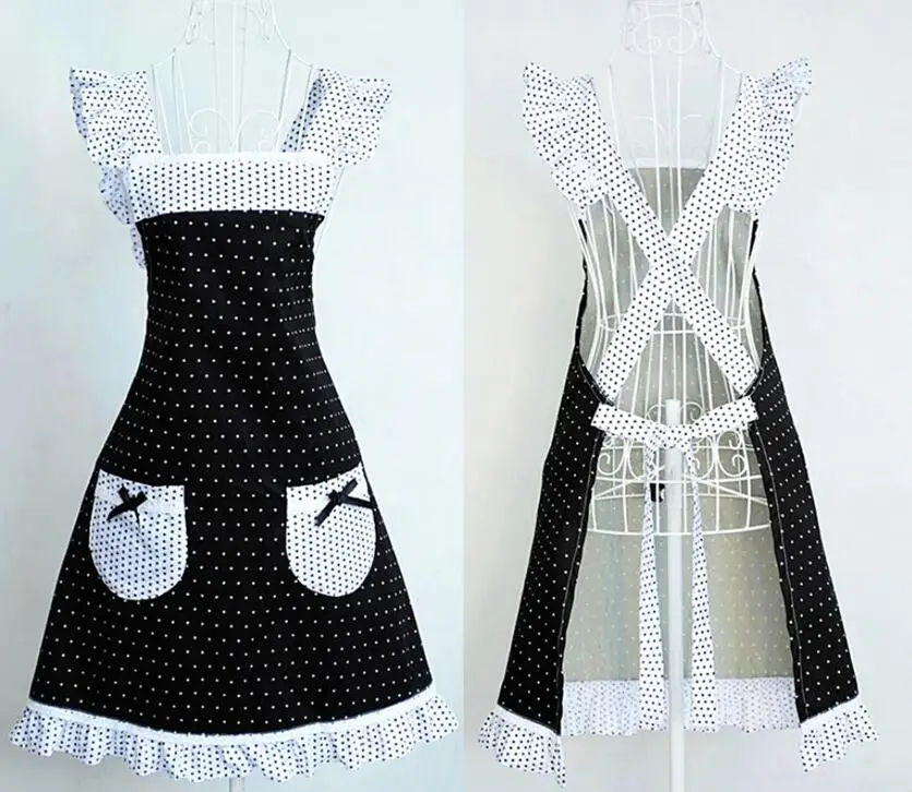 Princess Frill Lace Black White Polka Dot Kitchen Cooking Aprons for Women with Pockets Cross Back Drop Shipping