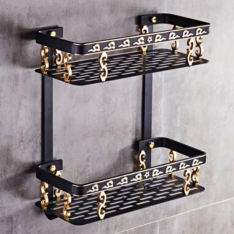 

Bathroom Shelves Carved Aluminum Square Bathroom Rack Wall Mounted Basket Bathroom Handwares Bathroom accessories Black and Gold
