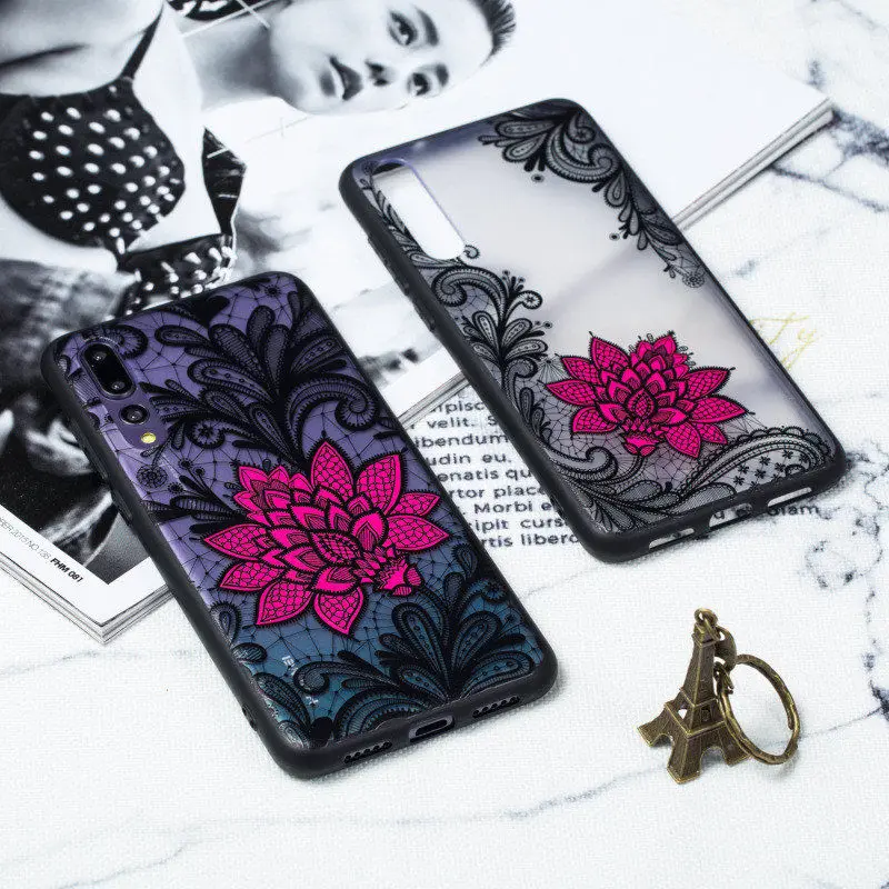 Силиконовый чехол для Huawei P20 Pro Lite с 3D рельефным кружевным розовым цветком мягкий