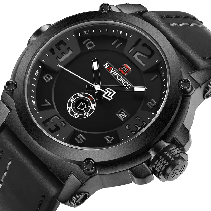 Мужские часы NAVIFORCE Militray спортивные кварцевые водонепроницаемые с кожаным