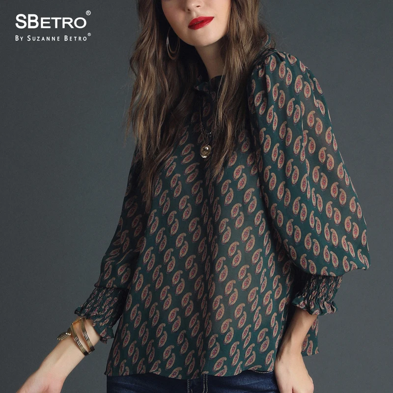 SBetro шифоновая шаль блузки печати рюшами Mockneck длинный шарик рукав Осень Туника