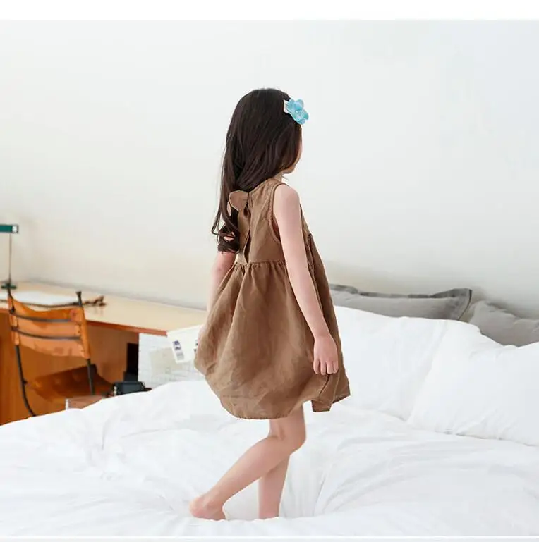 2019 Summer Big Girl Dress Bowknot Linen Sleeveless Teens Dresses Kids Outfits Brown Princess Party Frocks Children Clothing | Детская