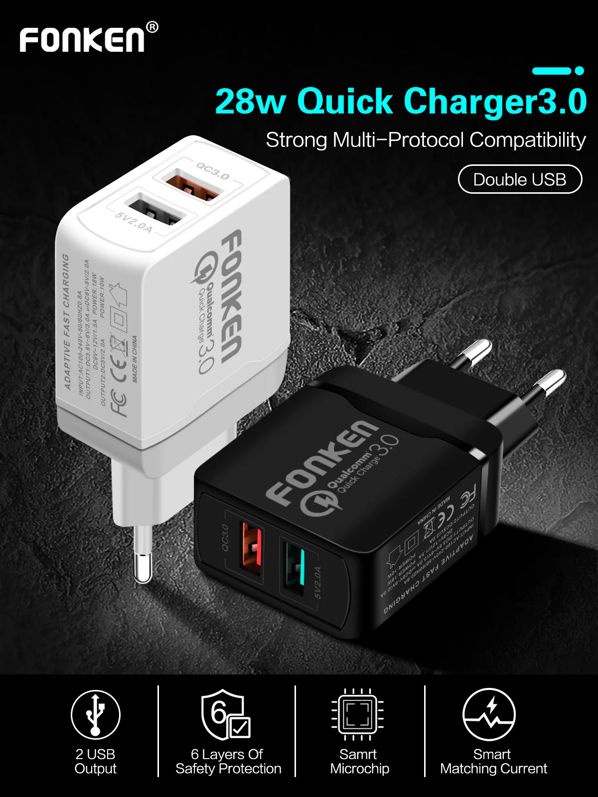FONKEN Dual USB зарядное устройство 28 Вт Быстрая зарядка 3,0 QC3.0 быстрое зарядное устройство для телефона 2 порта Портативный настенный адаптер для Android мобильного планшета