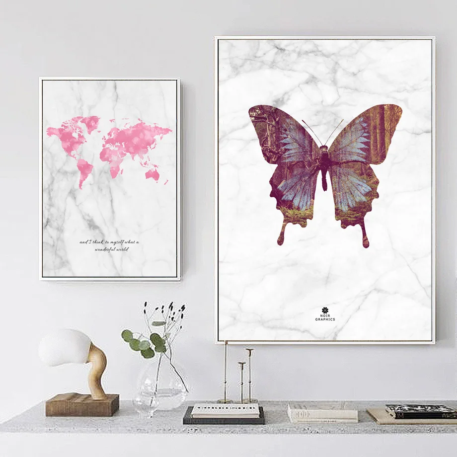 Мраморная карта мира Бабочка настенная живопись холст скандинавские постеры и