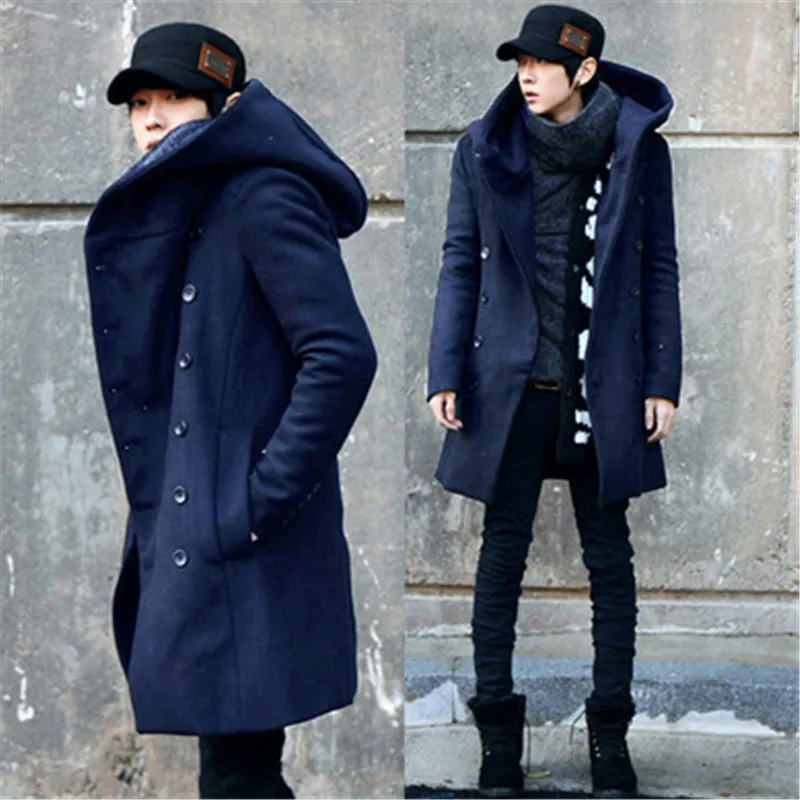 Мужская Пледы И Твида Двубортный Пальто Осень Slim Fit Длинный Участок Шерстяные