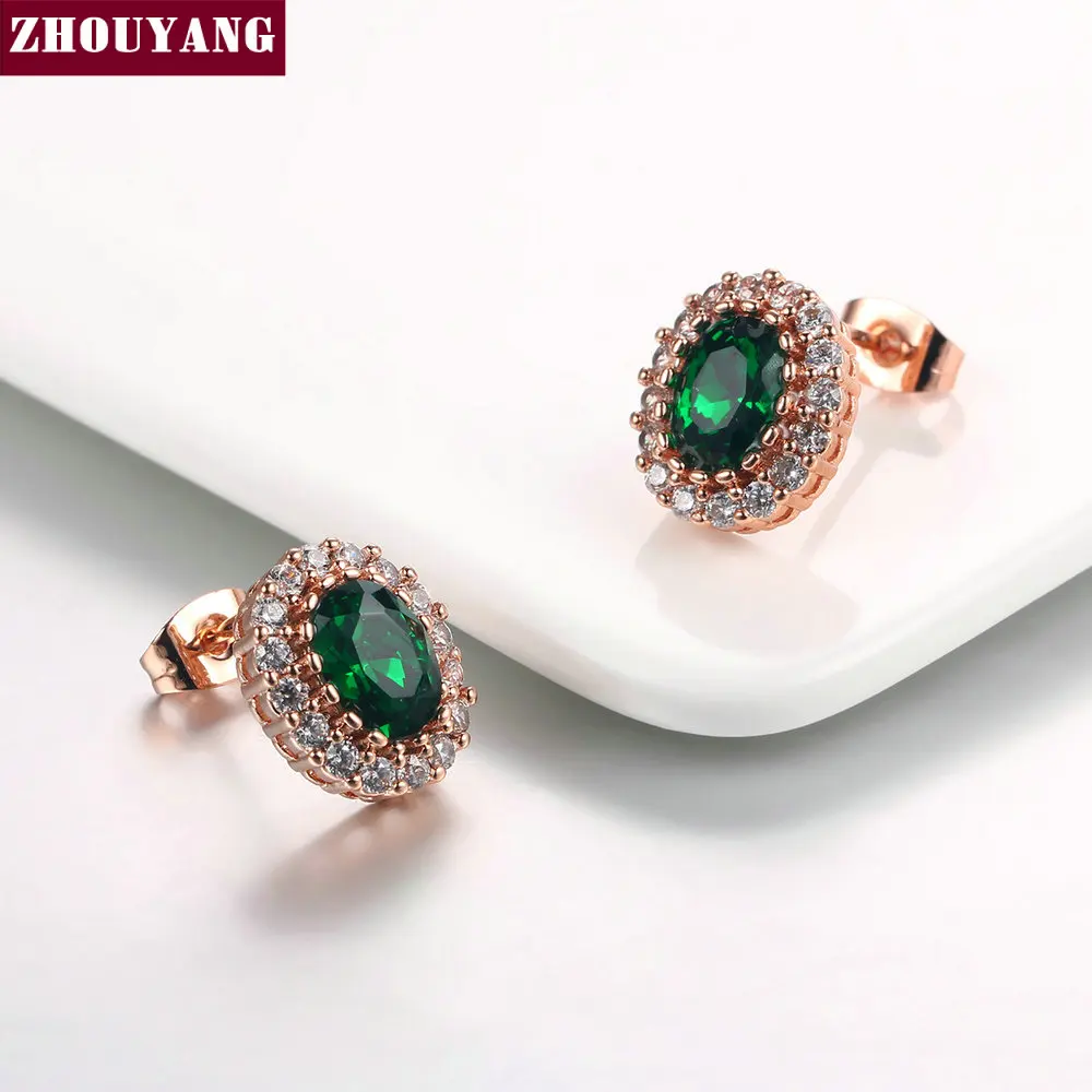 ZHOUYANG, элегантные серьги-гвоздики с зеленым кристаллом, розовое золото, модные ювелирные изделия для женщин ZYE107