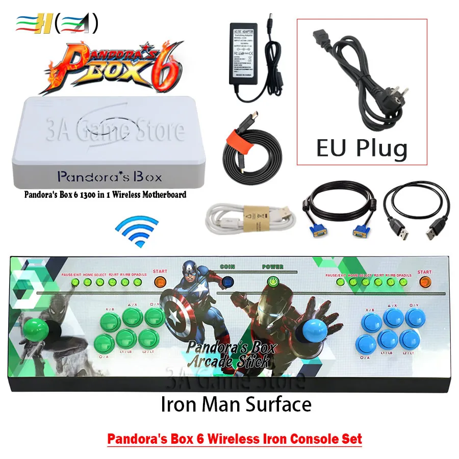 wireless IronMan1 EU Оригинальная коробка Pandora 6 1300 в 1, аркадная консоль, беспроводная железная консоль, набор, 2 плеера, кнопки джойстика, HDMI, VGA, выход, ТВ, ПК, PS3 - Цвет: wireless IronMan1 EU