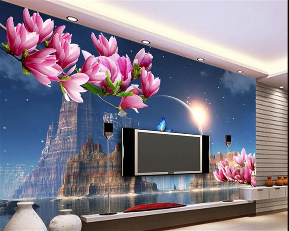 

beibehang Dream Indoor High Quality papel de parede Wall paper Planet Butterfly Magnolia Reflection TV Stereoscopic 3d wallpaper